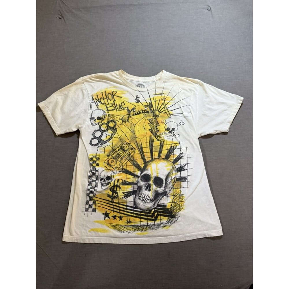 Vintage‎ Y2K Anchor Blue Skulls Boombox Shirt Men's Medium White Short Sleeve.